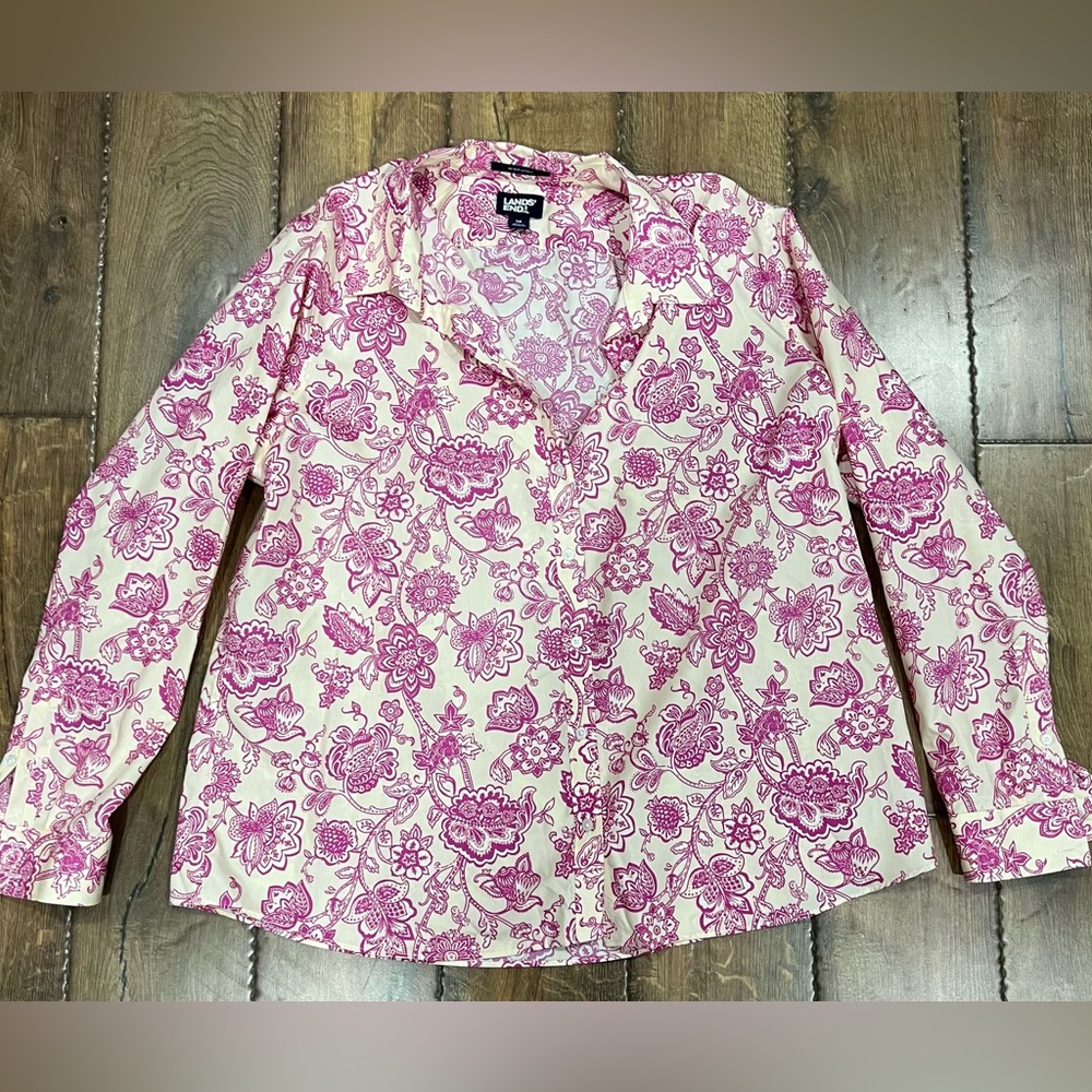 Lands End Pink & White No Iron Shirt Supima Cotton Long Sleeve size 18